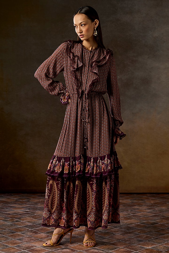 Multi-Colored Silk Georgette Digital Printed Ruffled Cocktail Dress by Talitha at Pernia's Pop Up Shop