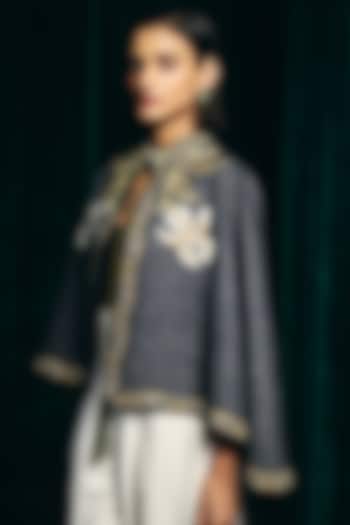 Grey Textured Wool Hand Embroidered Cape by Talitha at Pernia's Pop Up Shop