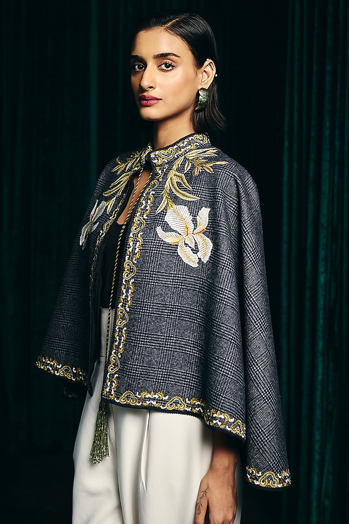Grey Textured Wool Hand Embroidered Cape by Talitha at Pernia's Pop Up Shop