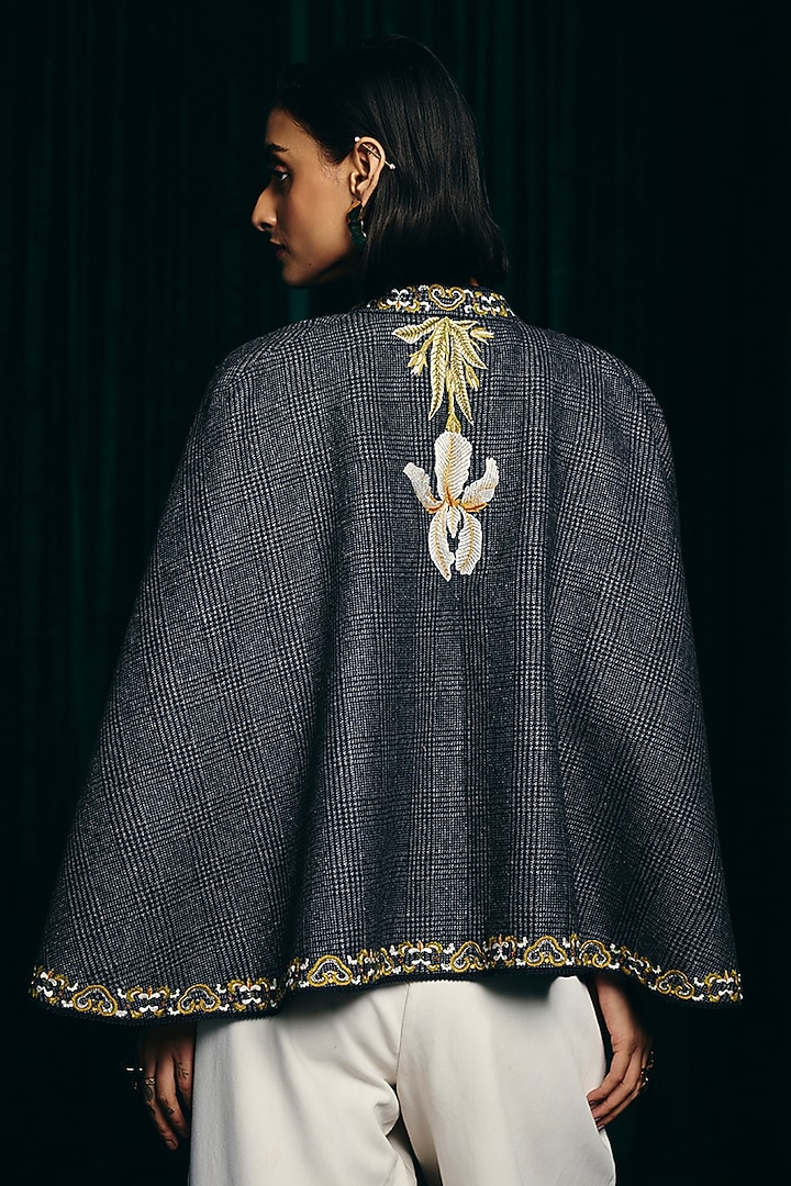 Grey Textured Wool Hand Embroidered Cape by Talitha at Pernia's Pop Up Shop