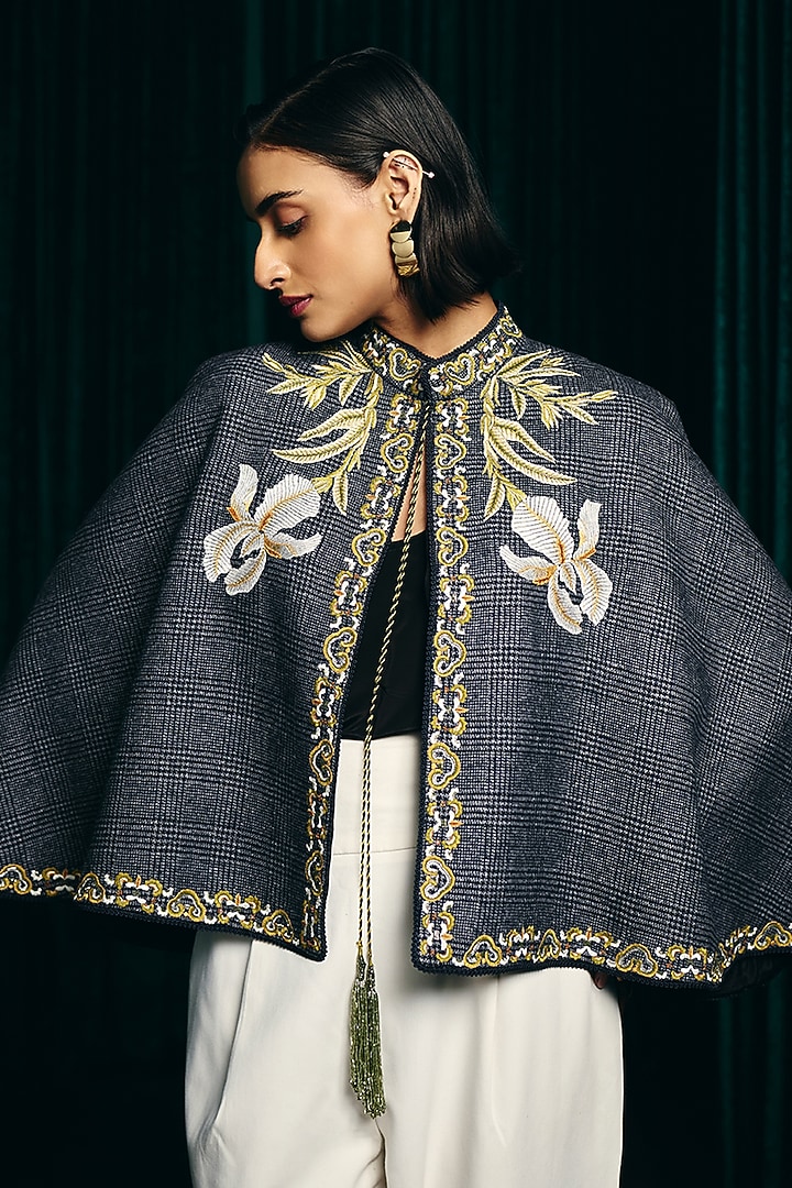 Grey Textured Wool Hand Embroidered Cape by Talitha at Pernia's Pop Up Shop