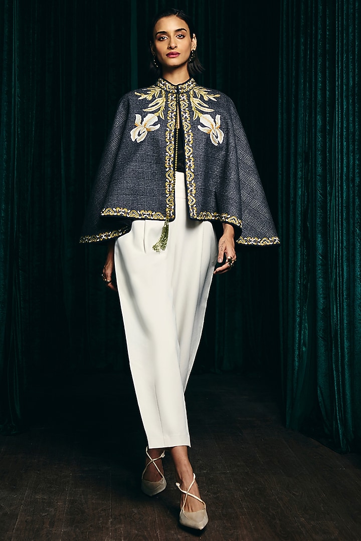 Grey Textured Wool Hand Embroidered Cape by Talitha at Pernia's Pop Up Shop