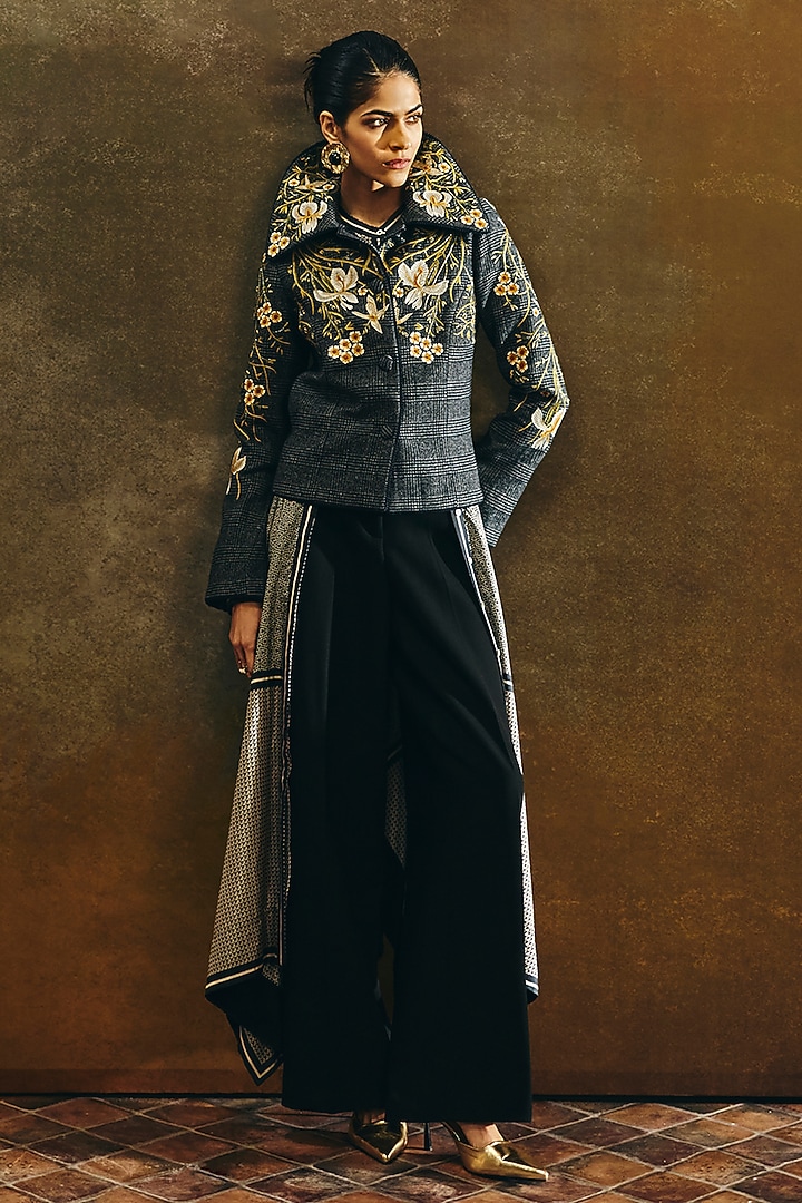 Grey Textured Wool Hand Embroidered Cape by Talitha at Pernia's Pop Up Shop