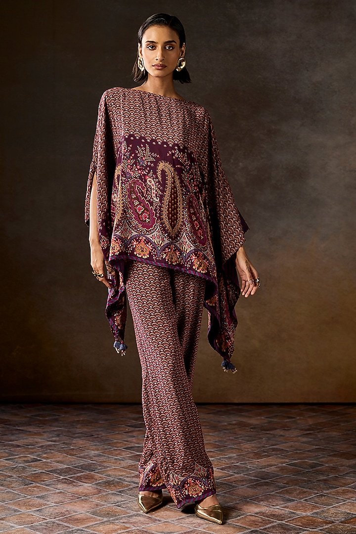 Wine Silk Crepe Printed Co-Ord Set by Talitha at Pernia's Pop Up Shop