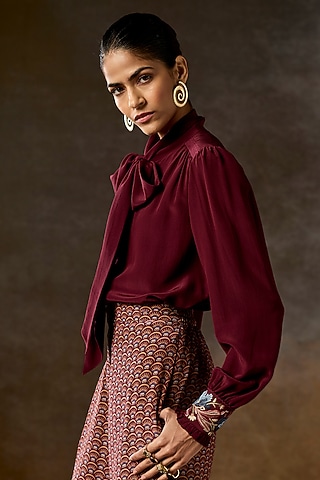 Wine Silk Georgette Hand Embroidered Blouse by Talitha