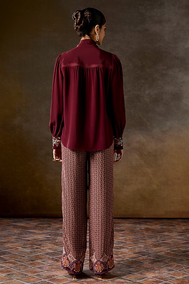 Wine Silk Georgette Hand Embroidered Blouse by Talitha at Pernia's Pop Up Shop