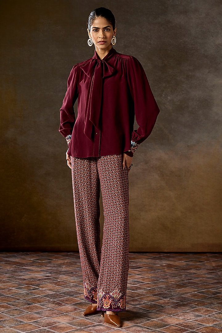 Wine Silk Georgette Hand Embroidered Blouse by Talitha at Pernia's Pop Up Shop