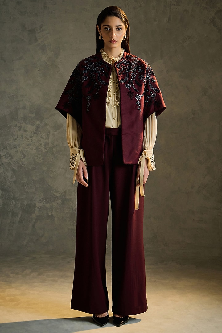 Wine Pure Wool Hand Embroidered Shrug by Talitha at Pernia's Pop Up Shop