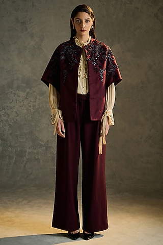 Wine Pure Wool Hand Embroidered Shrug by Talitha
