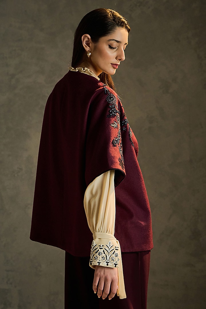 Wine Pure Wool Hand Embroidered Shrug by Talitha at Pernia's Pop Up Shop