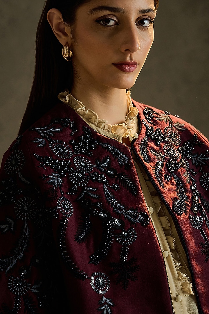 Wine Pure Wool Hand Embroidered Shrug by Talitha at Pernia's Pop Up Shop