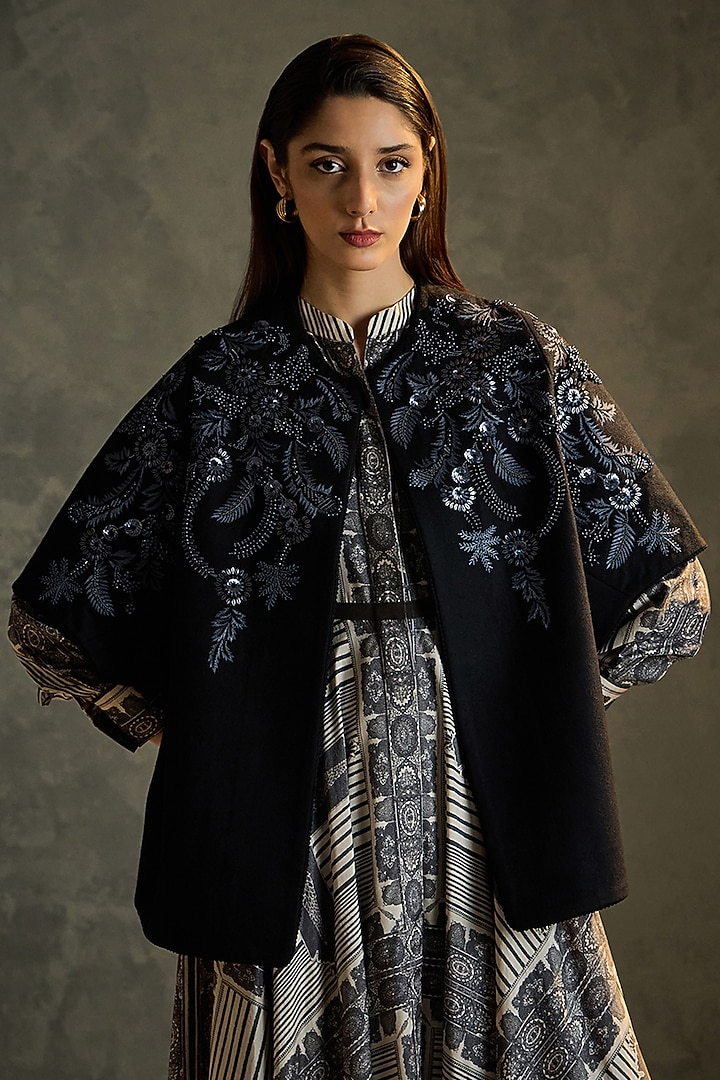 Black Pure Wool Hand Embroidered Shrug by Talitha at Pernia's Pop Up Shop