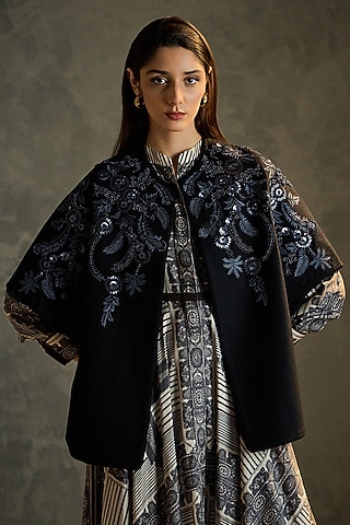 Black Pure Wool Hand Embroidered Shrug by Talitha