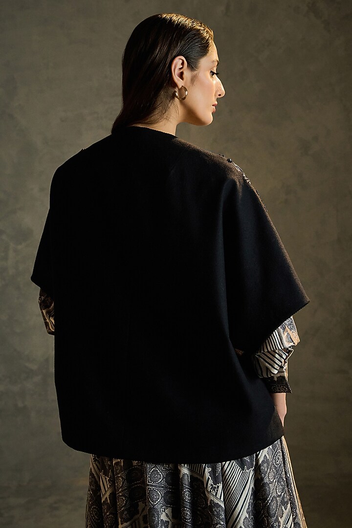 Black Pure Wool Hand Embroidered Shrug by Talitha at Pernia's Pop Up Shop