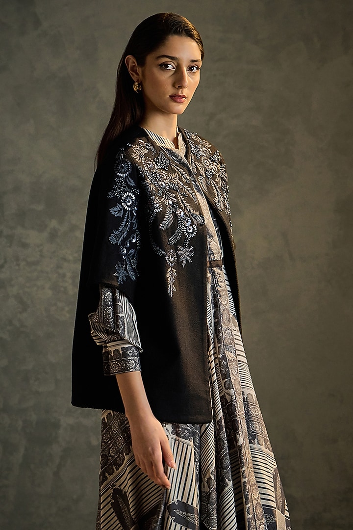 Black Pure Wool Hand Embroidered Shrug by Talitha at Pernia's Pop Up Shop