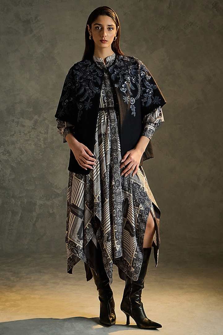 Black Pure Wool Hand Embroidered Shrug by Talitha at Pernia's Pop Up Shop