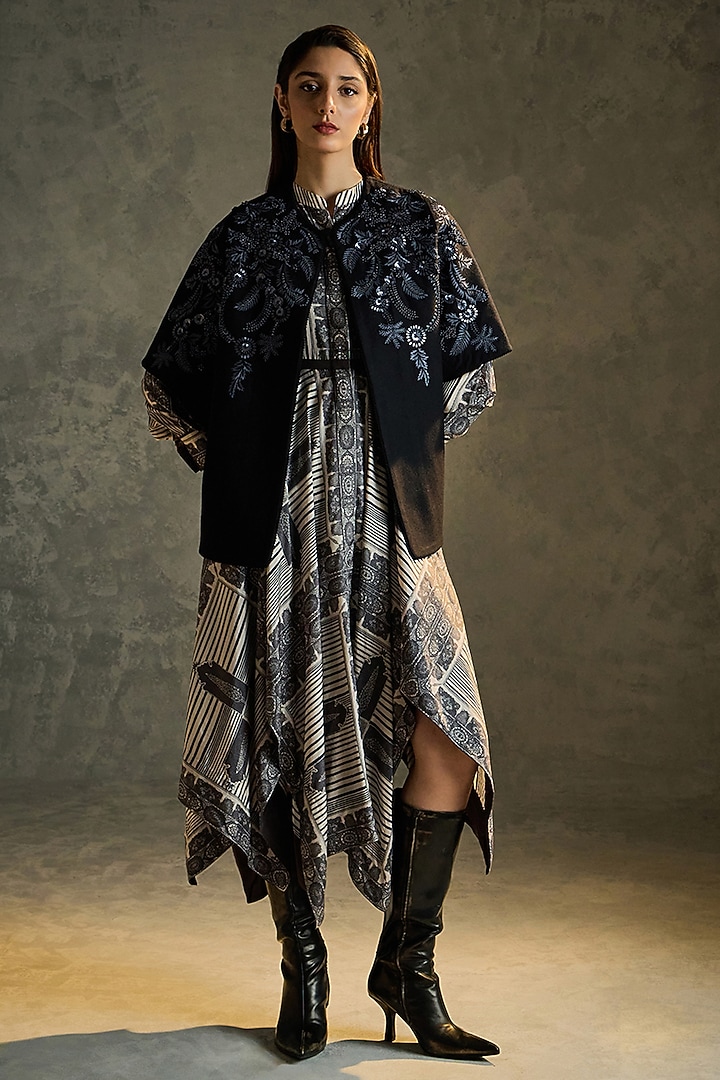 Black Pure Wool Hand Embroidered Shrug by Talitha at Pernia's Pop Up Shop