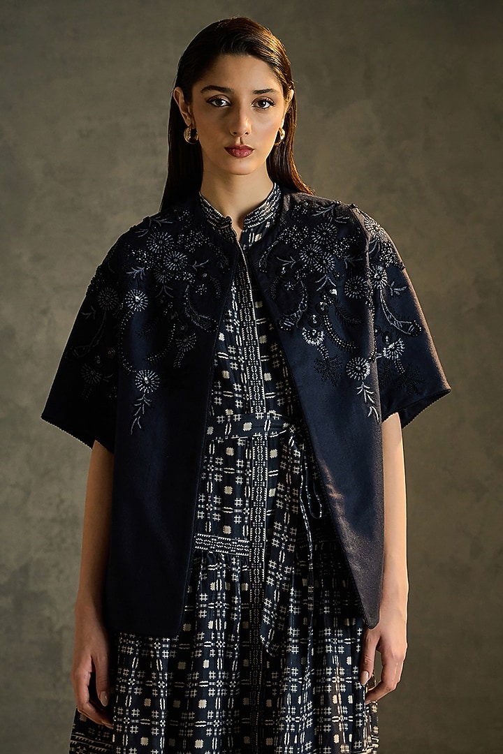 Navy Blue Pure Wool Hand Embroidered Shrug by Talitha at Pernia's Pop Up Shop