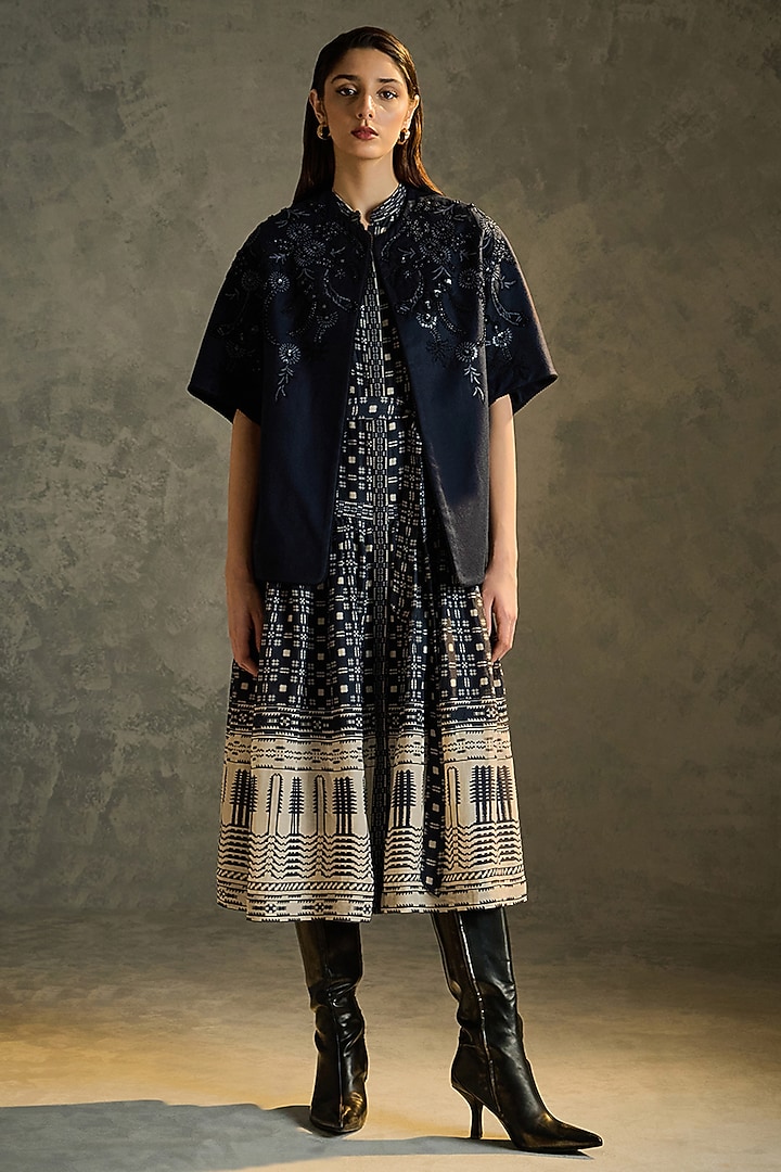 Navy Blue Pure Wool Hand Embroidered Shrug by Talitha at Pernia's Pop Up Shop