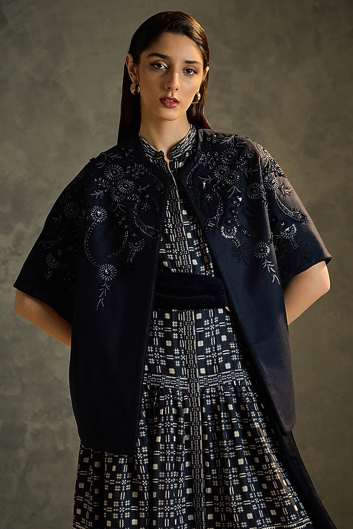 Navy Blue Pure Wool Hand Embroidered Shrug by Talitha at Pernia's Pop Up Shop