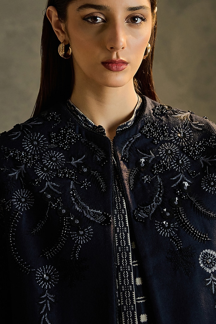 Navy Blue Pure Wool Hand Embroidered Shrug by Talitha at Pernia's Pop Up Shop