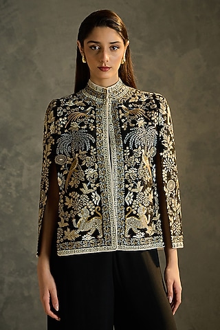 Black Silk Crepe Hand Embroidered Cape by Talitha