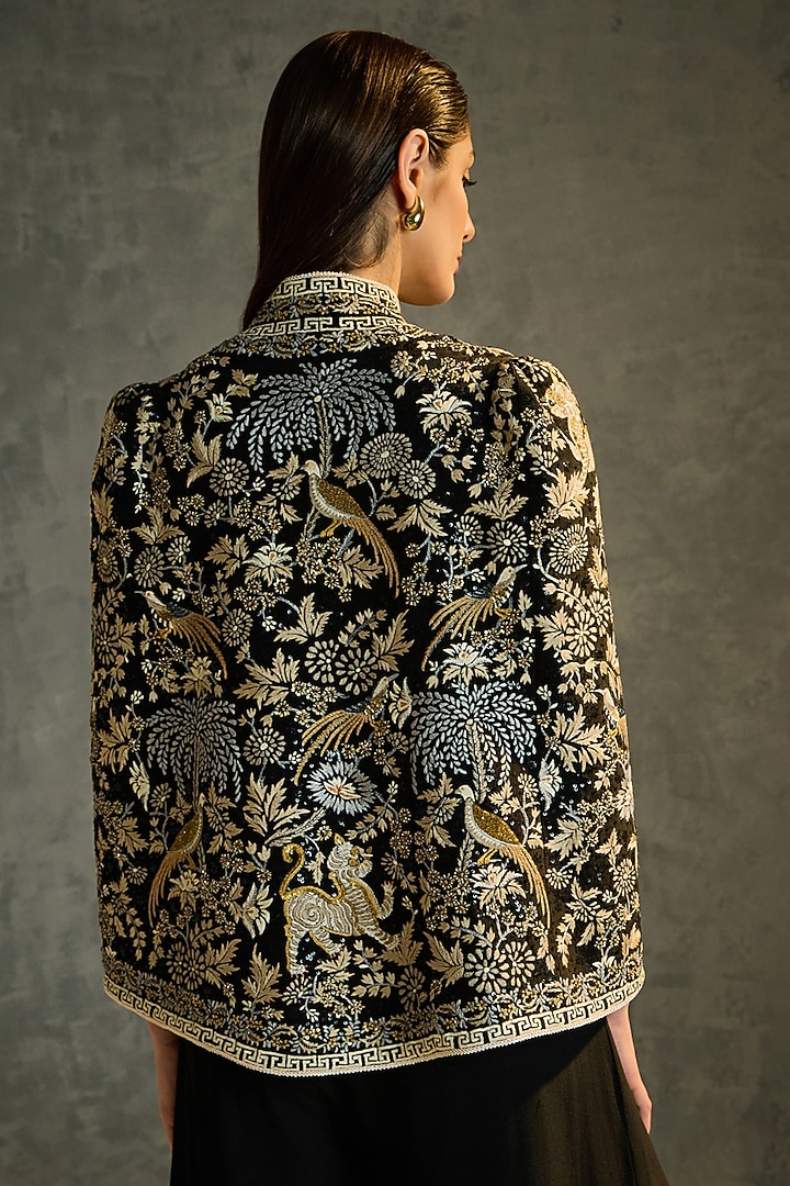 Black Silk Crepe Hand Embroidered Cape by Talitha at Pernia's Pop Up Shop