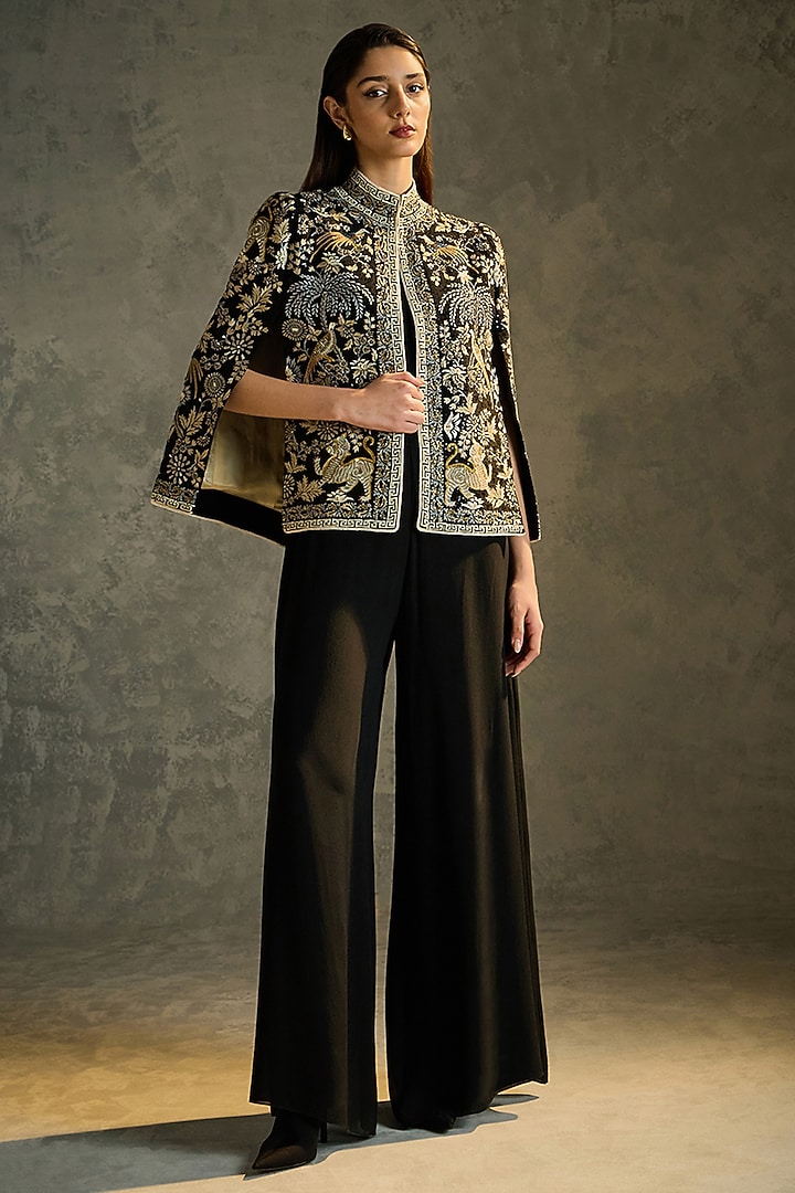 Black Silk Crepe Hand Embroidered Cape by Talitha at Pernia's Pop Up Shop