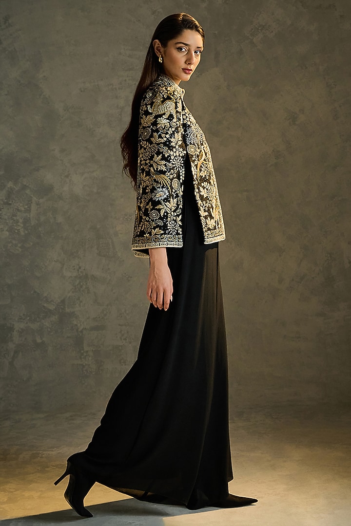 Black Silk Crepe Hand Embroidered Cape by Talitha at Pernia's Pop Up Shop