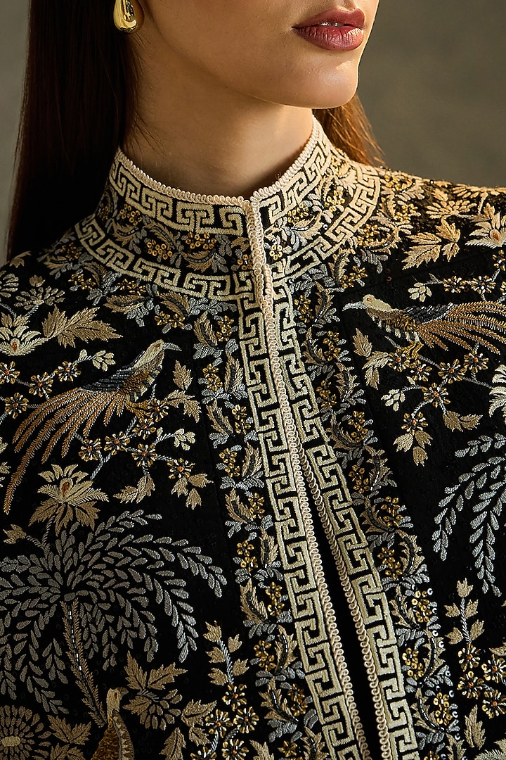 Black Silk Crepe Hand Embroidered Cape by Talitha at Pernia's Pop Up Shop