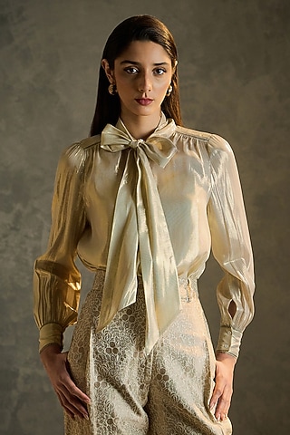 Gold Silk Hand Embroidered Blouse by Talitha