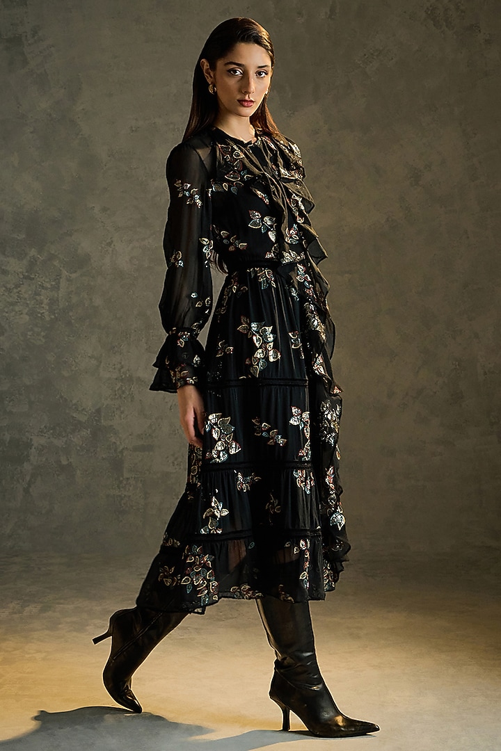 Black Silk Georgette Hand Embroidered Party Wear Dress by Talitha at Pernia's Pop Up Shop