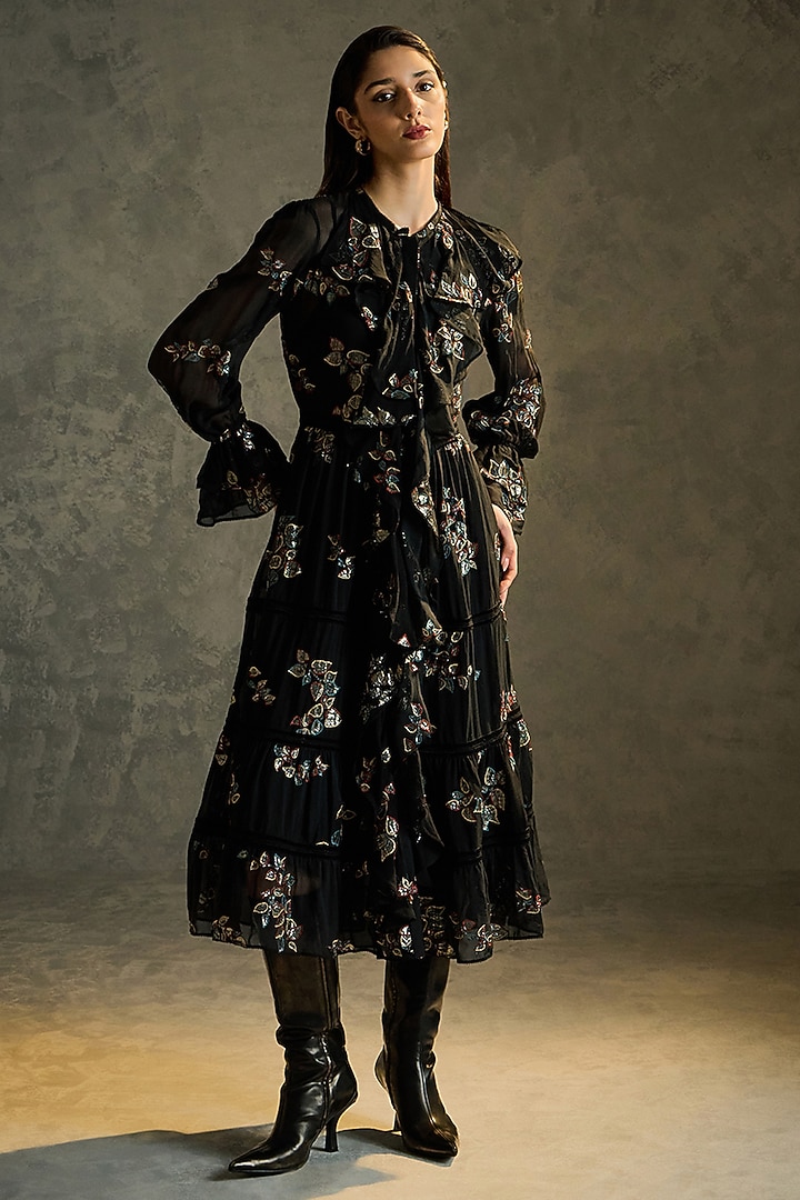 Black Silk Georgette Hand Embroidered Party Wear Dress by Talitha at Pernia's Pop Up Shop