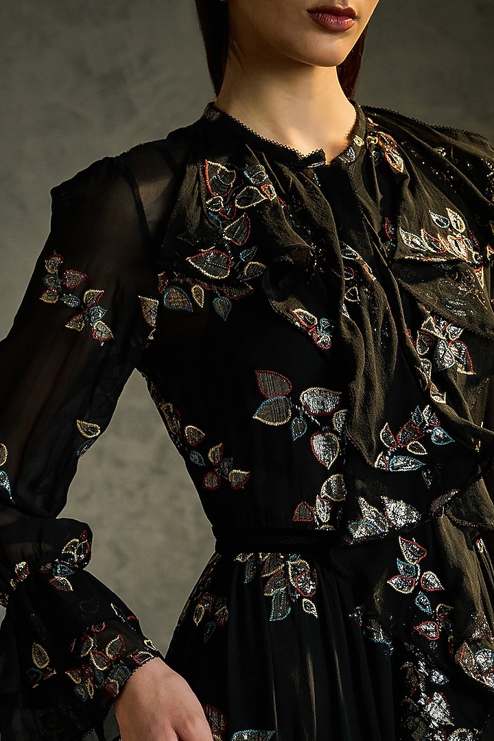 Black Silk Georgette Hand Embroidered Party Wear Dress by Talitha at Pernia's Pop Up Shop