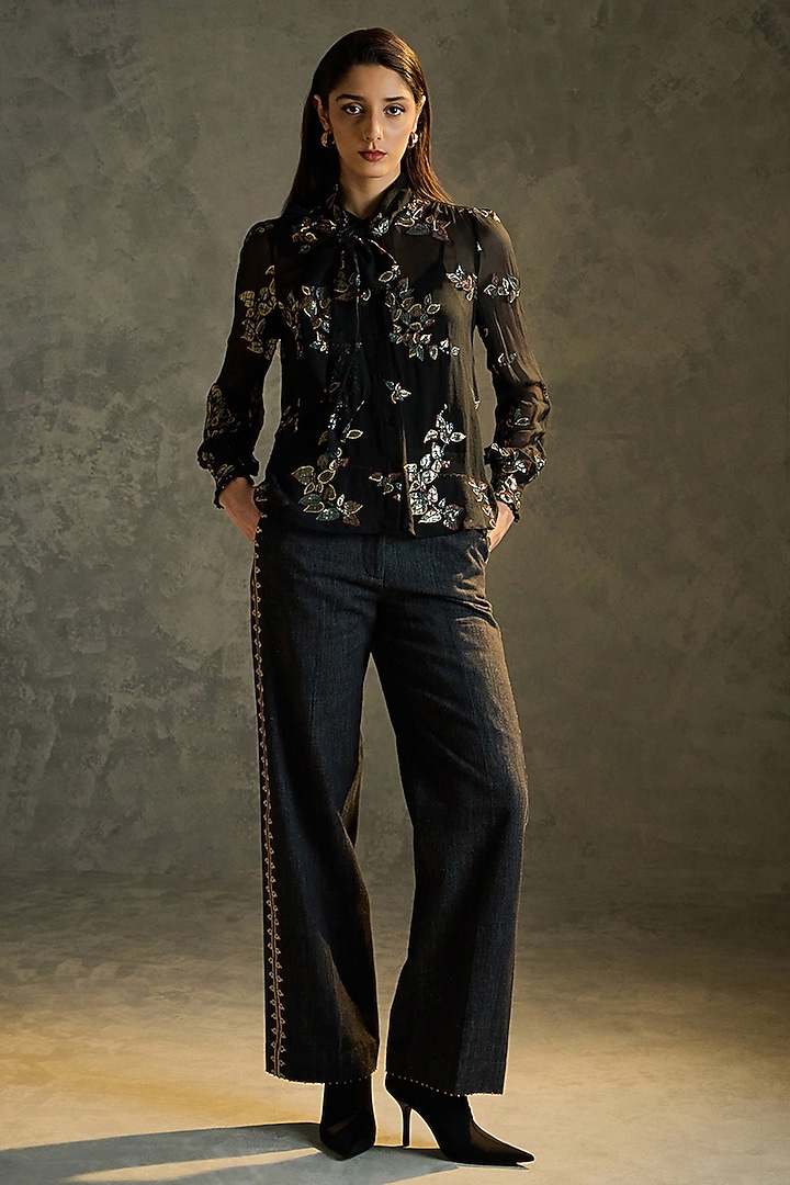 Black Silk Georgette Embroidered Blouse by Talitha at Pernia's Pop Up Shop