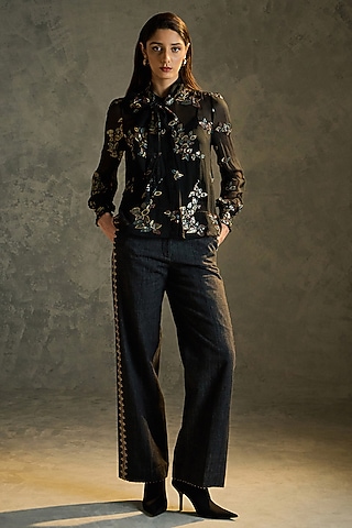 Black Silk Georgette Embroidered Blouse by Talitha