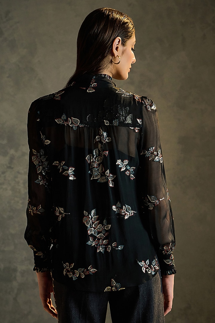 Black Silk Georgette Embroidered Blouse by Talitha at Pernia's Pop Up Shop