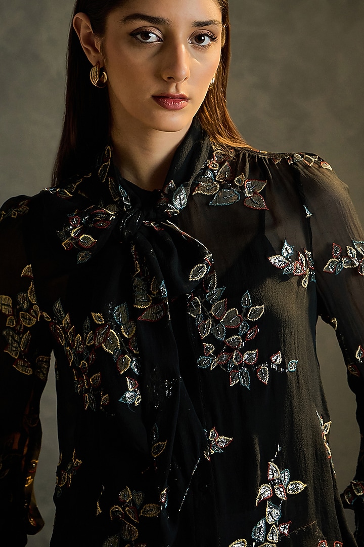 Black Silk Georgette Embroidered Blouse by Talitha at Pernia's Pop Up Shop
