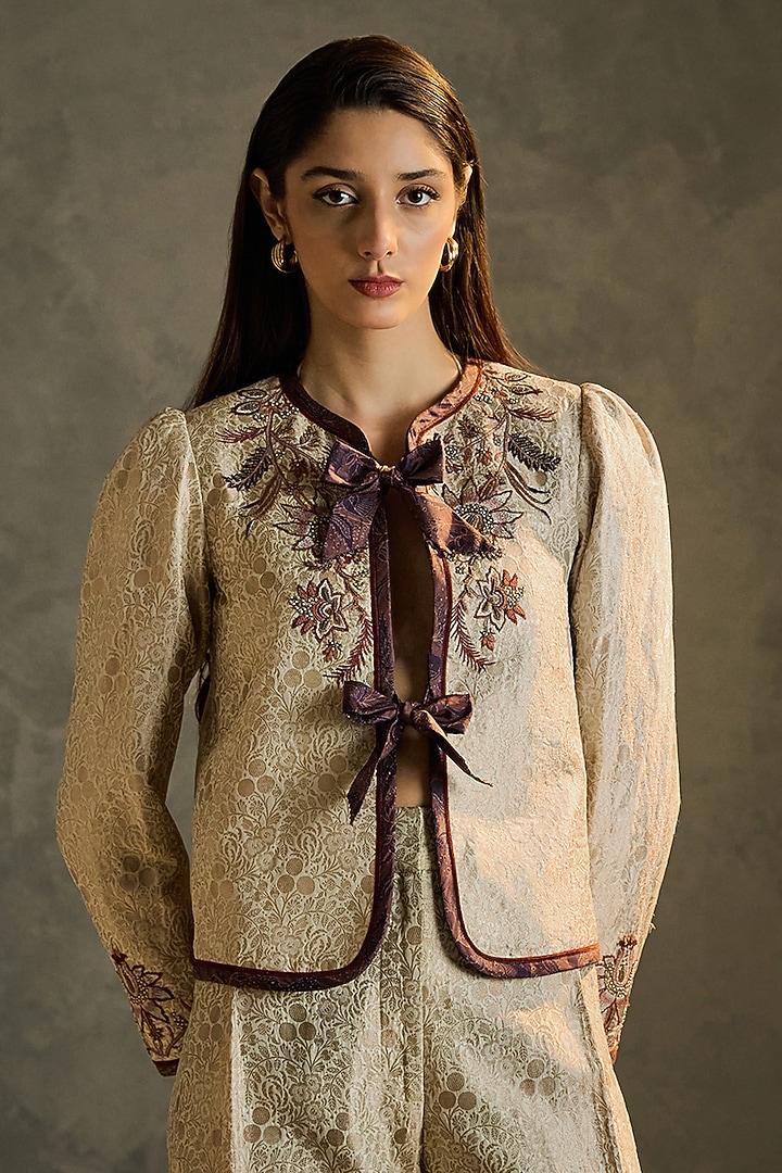 Gold Silk Brocade Beadwork & Printed Jacket by Talitha at Pernia's Pop Up Shop