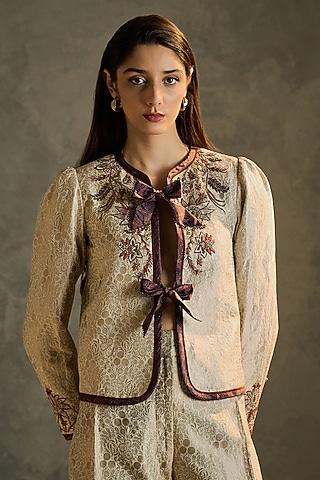 Gold Silk Brocade Beadwork & Printed Jacket by Talitha