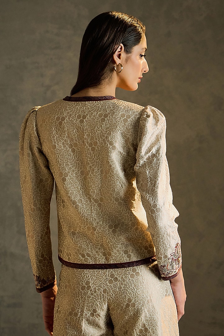 Gold Silk Brocade Beadwork & Printed Jacket by Talitha at Pernia's Pop Up Shop