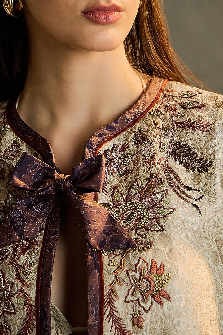 Gold Silk Brocade Beadwork & Printed Jacket by Talitha at Pernia's Pop Up Shop