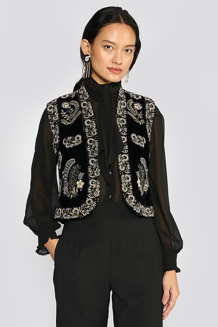 Black Silk Velvet Floral & Zardosi Embroidered Gilet by talitha at Pernia's Pop Up Shop