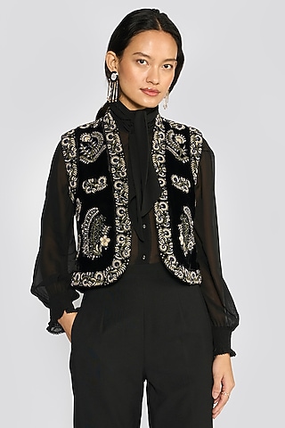Black Silk Velvet Floral & Zardosi Embroidered Gilet by talitha