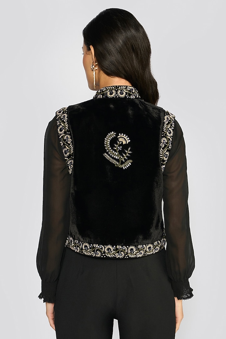 Black Silk Velvet Floral & Zardosi Embroidered Gilet by talitha at Pernia's Pop Up Shop