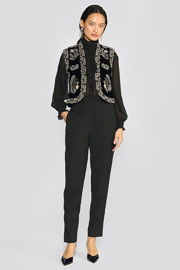 Black Silk Velvet Floral & Zardosi Embroidered Gilet by talitha at Pernia's Pop Up Shop