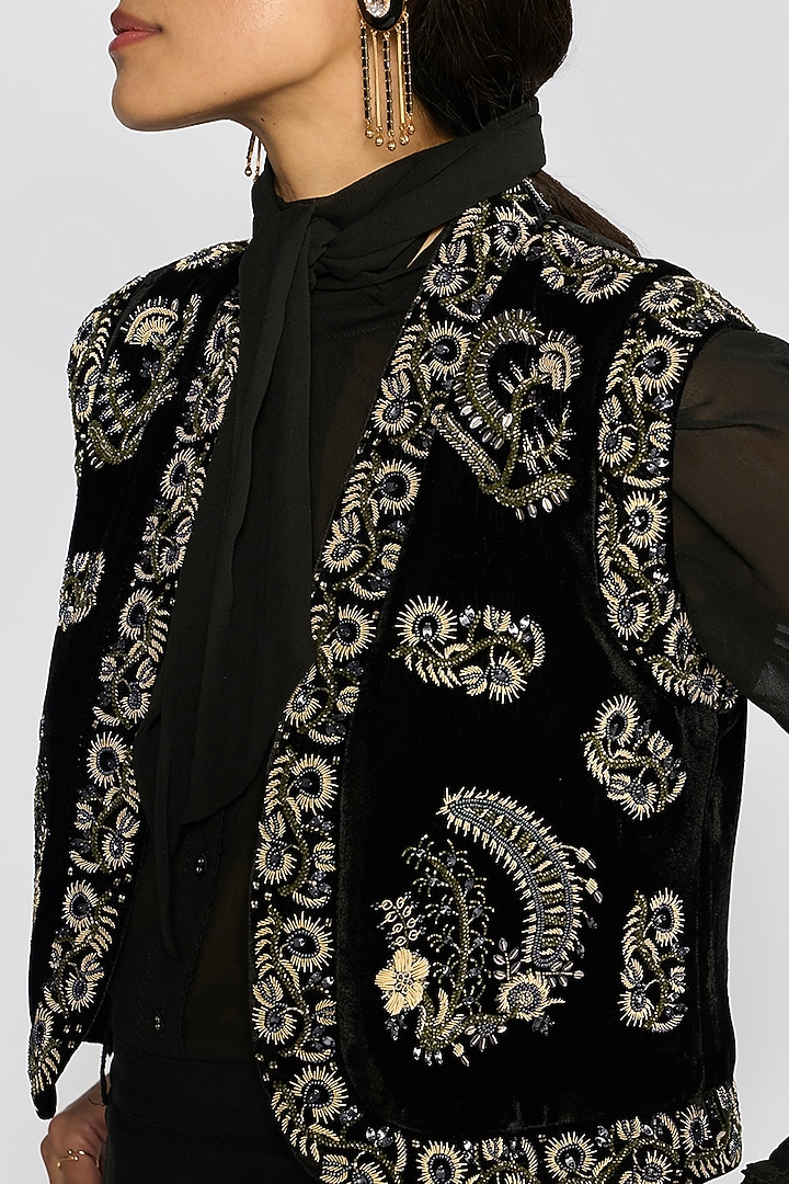Black Silk Velvet Floral & Zardosi Embroidered Gilet by talitha at Pernia's Pop Up Shop