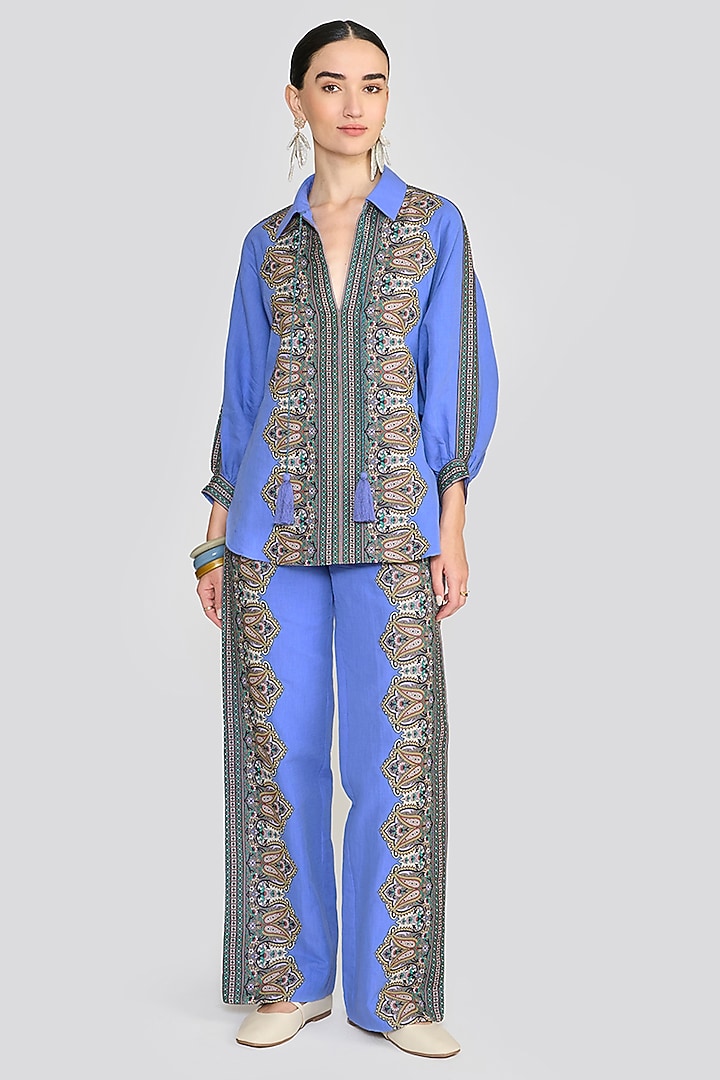 Blue Linen Blend Printed Co-Ord Set by talitha at Pernia's Pop Up Shop