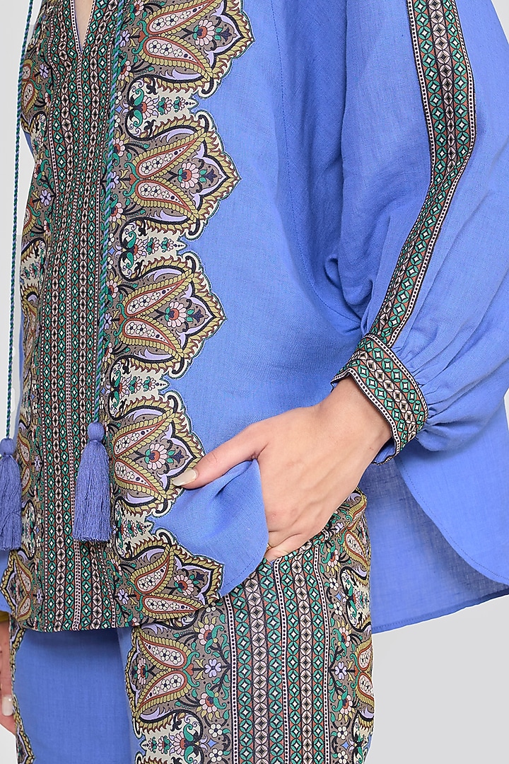 Blue Linen Blend Printed Co-Ord Set by talitha at Pernia's Pop Up Shop