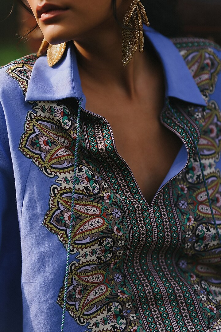 Blue Linen Blend Printed Co-Ord Set by talitha at Pernia's Pop Up Shop